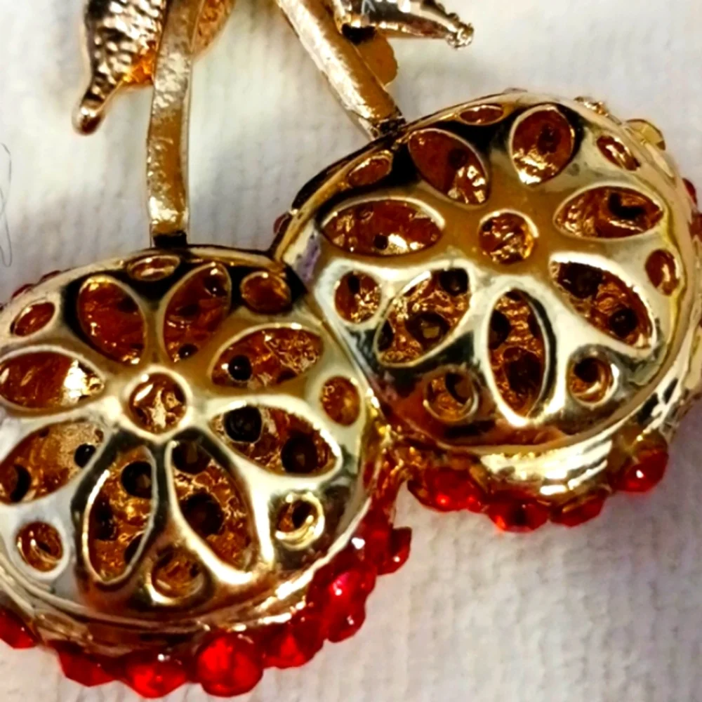 Crystal Cherries Bag Charm Key Chain Red w Black Faux Mink‎ Black Pom